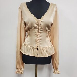 Pink Drop Womens Long Sleeve Satin Coquette Top Size XL Cream Soft Girl Ethereal